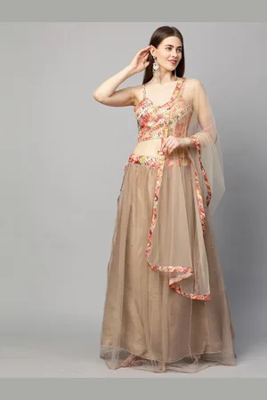 RedRound Beige & Red Embroidered Semi-Stitched Lehenga & Unstitched Blouse With Dupatta
