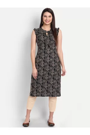 HK colours of fashion Women Black & White Printed Keyhole Neck Kurta