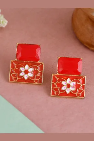 Silvermerc Designs Red & Gold-Plated Square Chalcedony Meenakari Studs Earrings