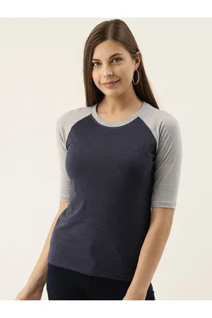 Campus Women Navy Blue & Grey Melange Solid Round Neck T-shirt