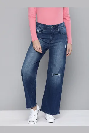 Mast & Harbour Women Blue Wide Leg Low Distress Heavy Fade Stretchable Jeans