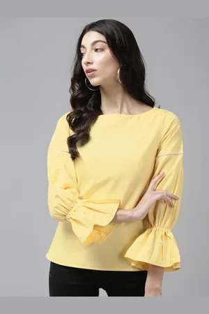 Cayman Yellow Solid Bell Sleeves Pure Cotton Regular Top