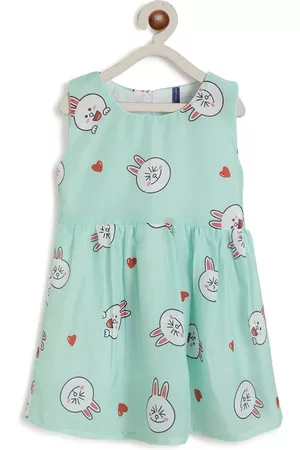 Kids On Board Sea Green Printed Dress