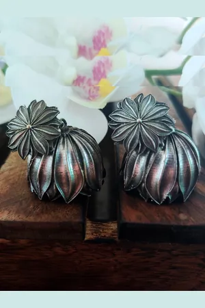 Binnis Wardrobe Silver-Toned Floral Jhumkas Earrings