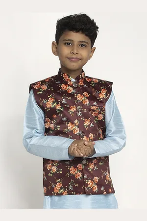 Kraft Boys Maroon & Orange Printed Satin Nehru Jacket