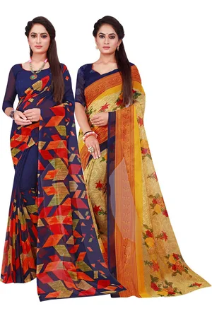 Florence Navy Blue & Beige Printed Pure Georgette Saree Pack Of 2