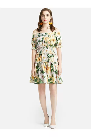 JC Collection Women Yellow & Green Floral Printed Off-Shoulder Dress