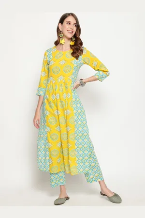 Antaran Women Yellow Ethnic Motifs Printed Regular Pure Cotton Kurti with Trousers