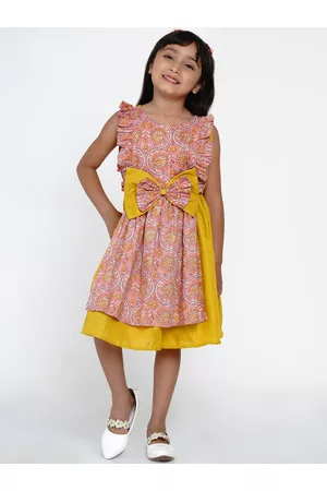 Bhama Girls Yellow & Pink Floral Printed Cotton Layered Fit and Flare Dress
