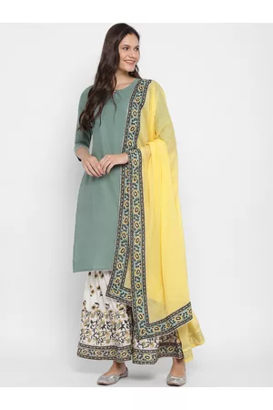 Vbuyz Women Green Ethnic Motifs Sequinned Pure Cotton Kurta with Sharara & With Dupatta