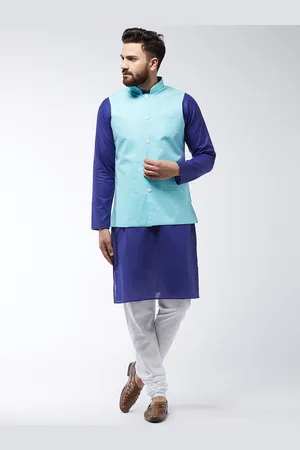 SOJANYA Men Blue & White Solid Kurta And Churidar With Jacket
