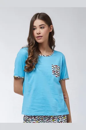 Miss Chase Women Turquoise Blue Relaxed Fit Pockets Pure Cotton Lounge T-shirt