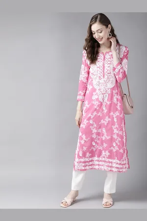 ADAM Co. Women Pink & White Pure Cotton Chikankari Embroidered Sustainable Kurta