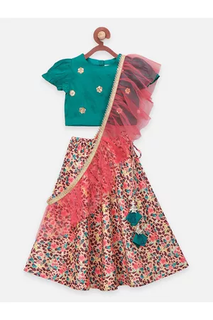 LilPicks Girls Green & Beige Embellished Ready to Wear Lehenga & Blouse With Dupatta