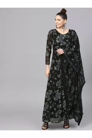 Ahalyaa Women Black & Green Printed Maxi Dress with Dupatta