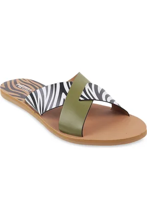 Metro Women Green Printed Open Toe Flats with Laser Cuts
