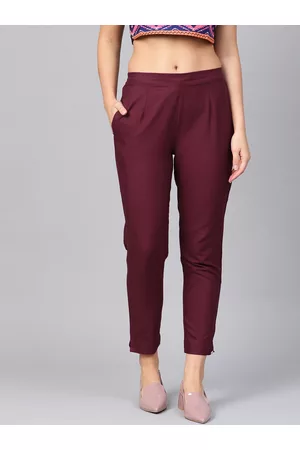 Juniper Burgundy Solid Cotton Flex Slim Fit Women Pants With Two Pockets