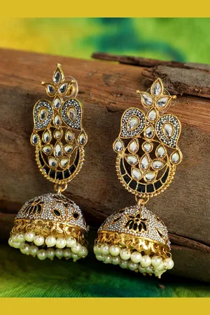 ANIKAS CREATION Silver & Black Enamelled Dome Shaped Jhumkas