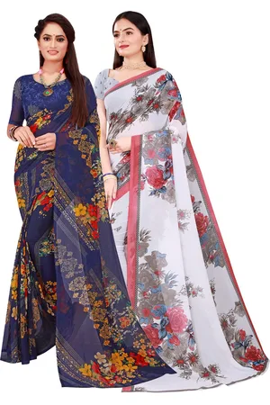Kalini Navy Blue & White Floral Printed Pure Georgette Saree Pack Of 2