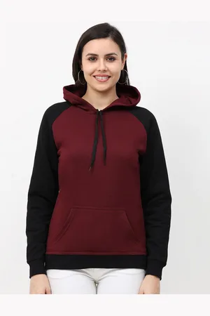 Fleximaa Women Maroon & Black Colourblocked Hooded Sweatshirt