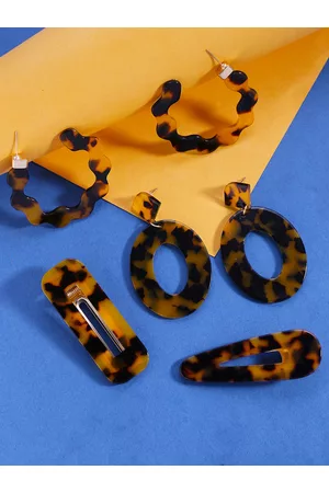 Yellow Chimes Set of 2 Brown & Black Geometric Drop Earrings With Hair Clips