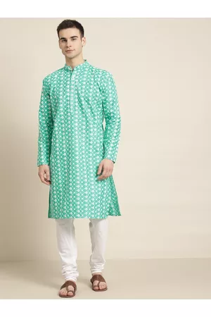 SOJANYA Men Sea Green & White Embroidered Kurta with Churidar