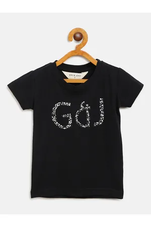Gini and Jony Girls Black Self Design Brand Logo Round Neck T-shirt