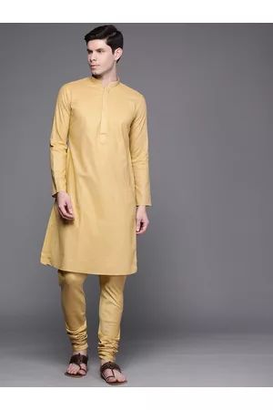 MANU Men Golden Chikankari Embroidered Regular Kurta with Churidar