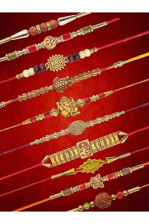 YouBella Men Set Of 10 Yellow, Red, Brown Wooden Beads Beaded Rakhi