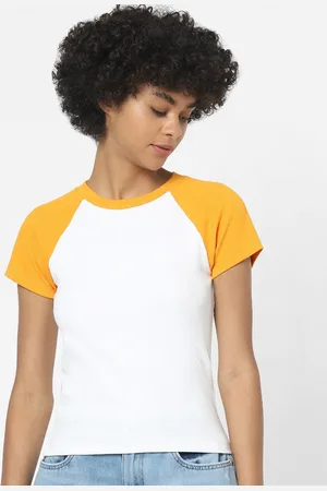 ONLY Women White & Yellow Colourblocked T-shirt