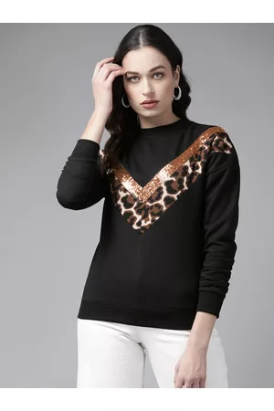 KASSUALLY Women Black & Brown Leopard Print Sweatshirt