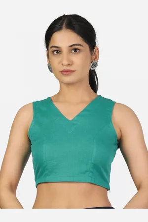 Llajja Women Green Solid Pure Cotton Non Padded Saree Blouse