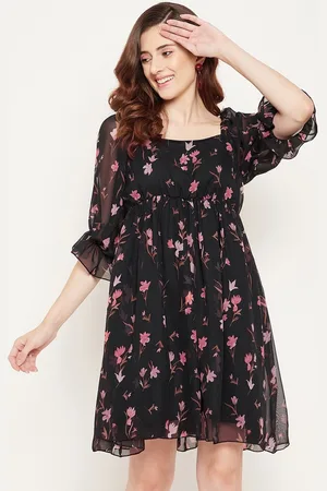 Bitterlime Women Black & Pink Floral Georgette Empire Dress