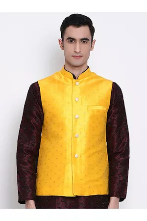 Sanwara Men Yellow & Gold-Coloured Woven Design Nehru Jacket