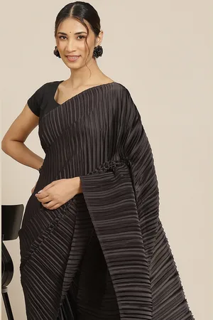 Warthy Ent Black Solid Accordion Pleated Satin Mysore Silk Saree