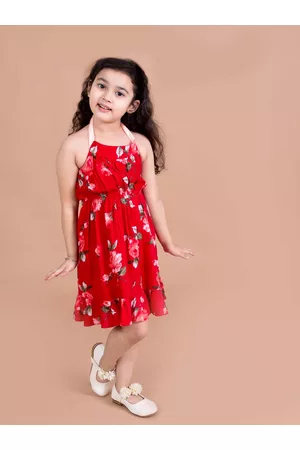pspeaches Girls Red Floral Halter Neck Dress