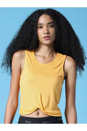 ONLY Women Orange Solid Round Neck Sleeveless Crop Top