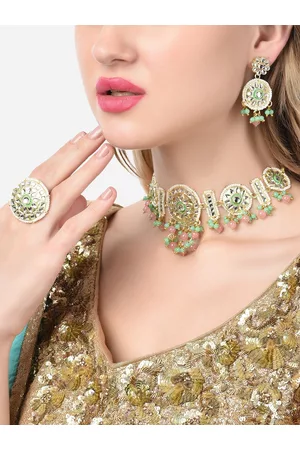 Zaveri Pearls Gold-Plated Green & Pink Kundan Studded & Beaded Meenakari Jewellery Set