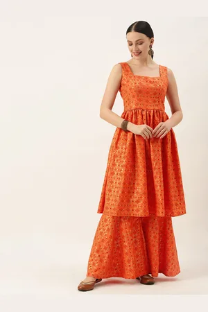 Ethnovog Women Orange Printed Regular Kurta with Gharara