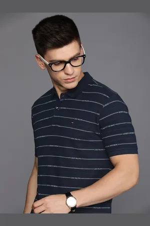 Louis Philippe Men Navy Blue & Grey Striped Polo Collar Pure Cotton Slim Fit T-shirt