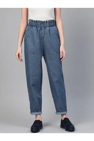 Sassafras Women Blue Regular Fit High-Rise Clean Look Paper Bag Waist Jeans