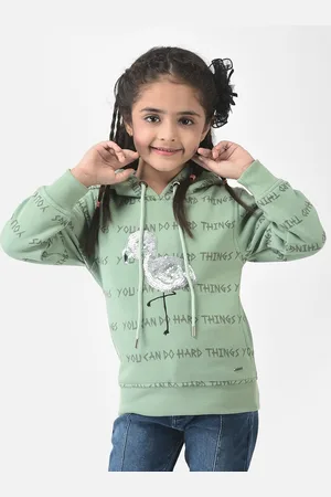 Crimsoune Club Girls Green Printed Hooded Sweatshirt