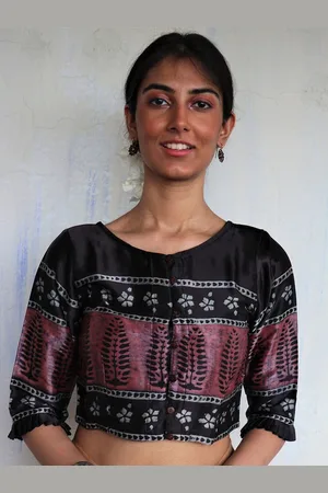 Chidiyaa Black & Brown Block-Printed Saree Blouse