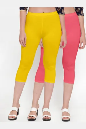 Jinfo Women Yellow & Pink Set Of 2 Solid Slim Fit Capris