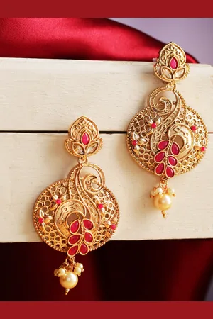 Jewels Galaxy Pink Antique Gold-Plated Stone-Studded Classic Drop Earrings
