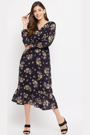 Color Cocktail Women Black Floral Georgette Midi Dress