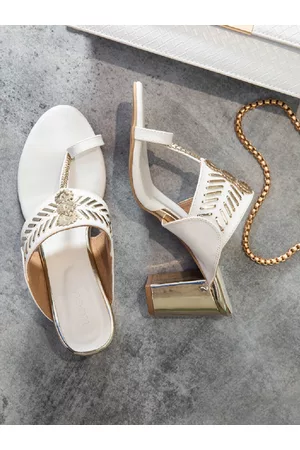 Rocia Beige & Gold-Toned Embellished Block Heels