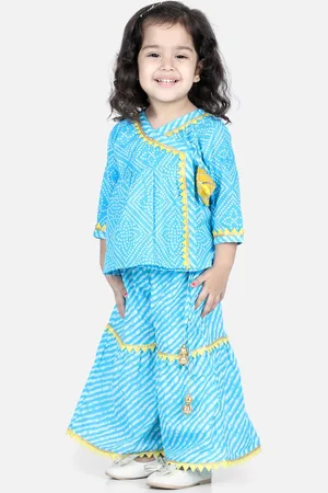 BownBee Girls Blue Bandhani Printed Angrakha Pure Cotton Kurti with Sharara