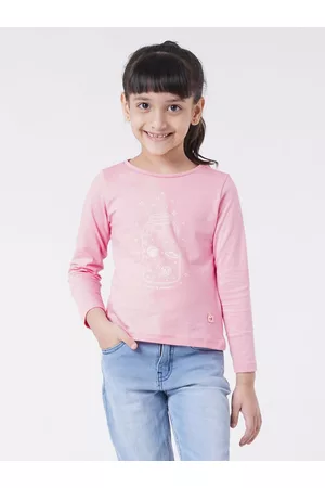 Ed-a-Mamma Girls Pink Typography Printed Applique T-shirt