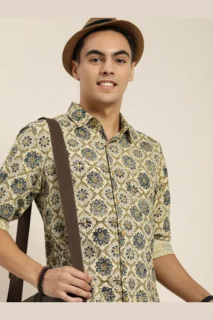 Taavi Men Beige & Olive Green Ajrakh Printed Casual Pure Cotton Shirt With Pocket Detail